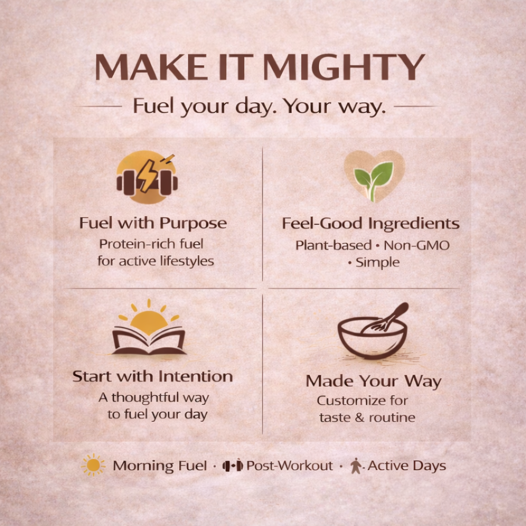 Make It Mighty brand message highlighting protein fuel, simple ingredients and customization