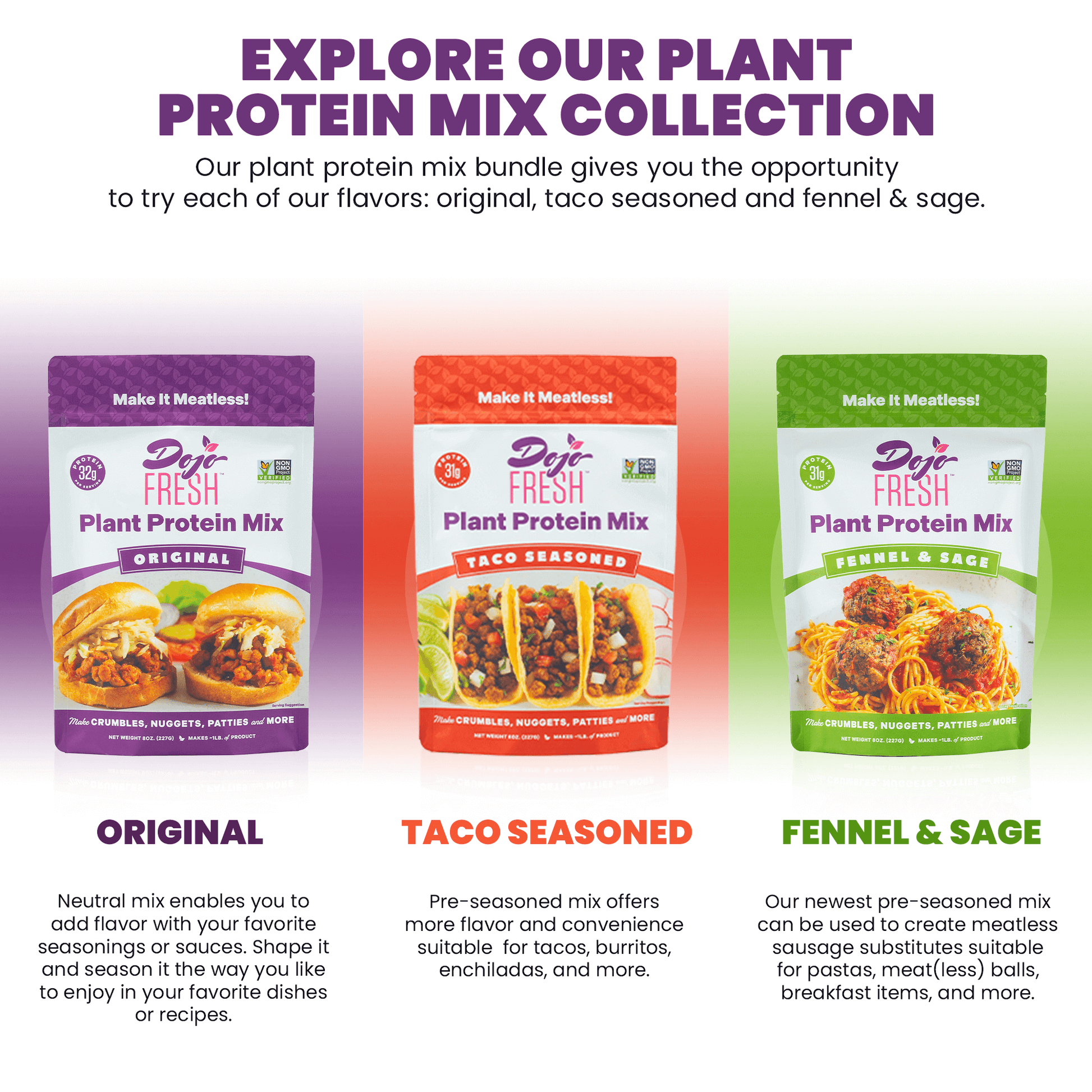 Graphic highlighting the three different plant protein mix flavors