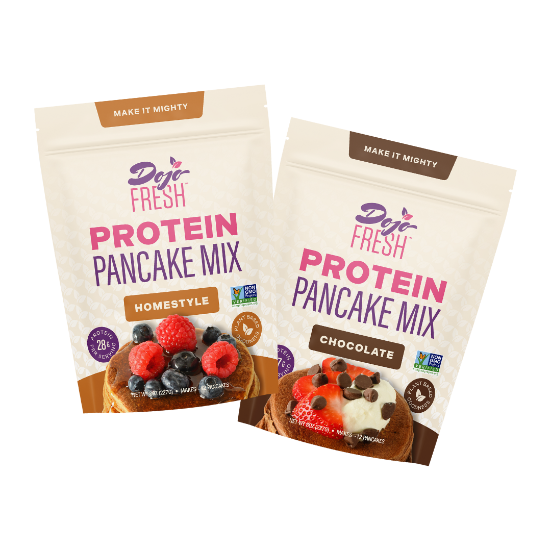 Dojo Fresh Protein Pancake Mix breakfast bundle with Homestyle and Chocolate flavors