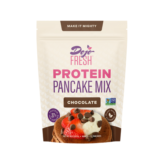 Dojo Fresh Protein Pancake Mix, chocolate flavor, plant-based, 27 grams of protein per serving