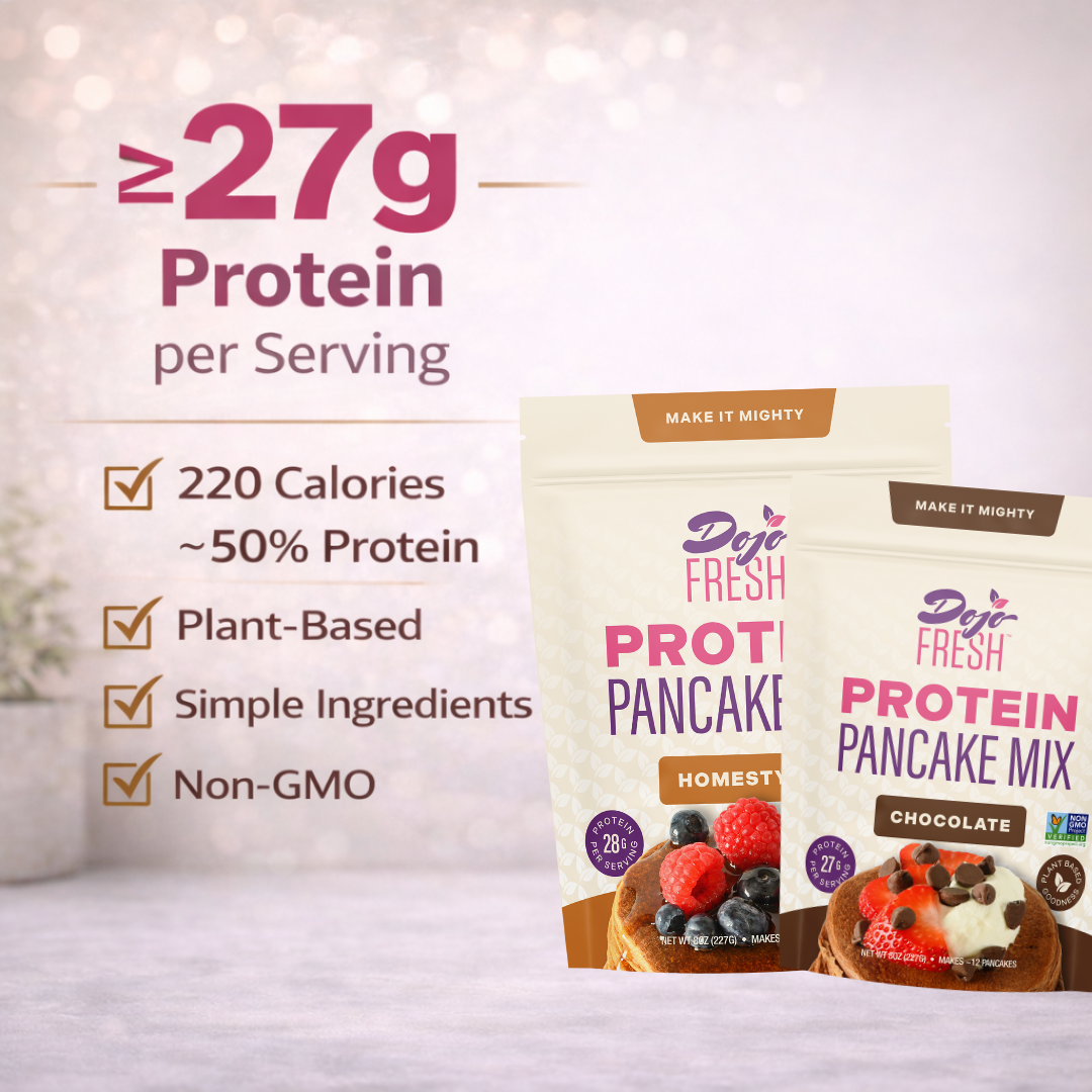 Dojo Fresh protein pancake mixes with at least 27g plant-based protein per serving