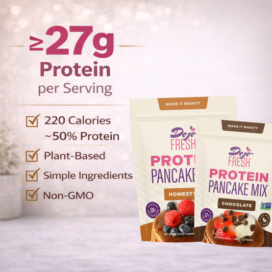 Dojo Fresh protein pancake mixes with at least 27g plant-based protein per serving