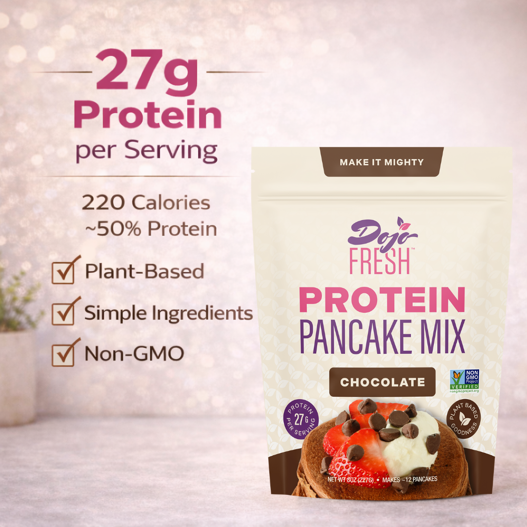 High-protein Dojo Fresh chocolate pancake mix showing 27 grams of plant-based protein per serving