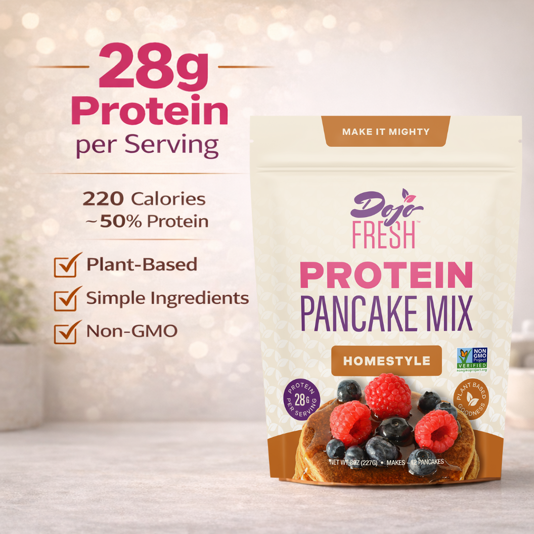 High-protein Dojo Fresh pancake mix showing 28 grams of plant-based protein per serving