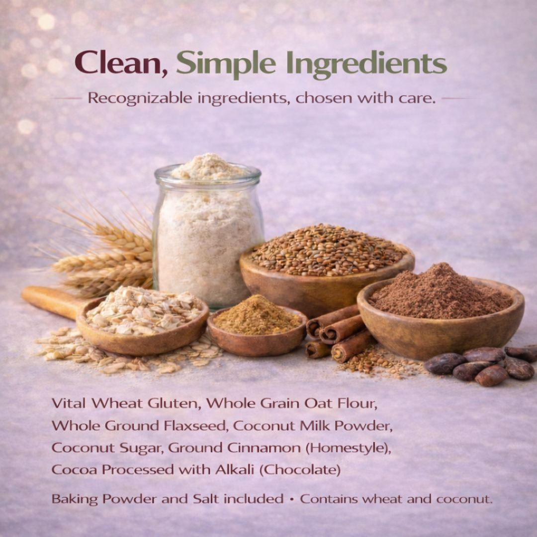 Ingredients used in Dojo Fresh protein pancake mixes including vital wheat gluten, oat flour and flaxseed