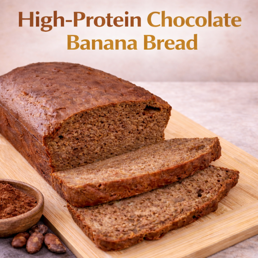 High-protein chocolate banana bread made with Dojo Fresh protein pancake mix