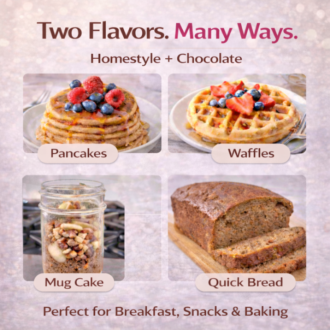 Pancakes, waffles, mug cake, and quick bread made with Dojo Fresh protein pancake mixes
