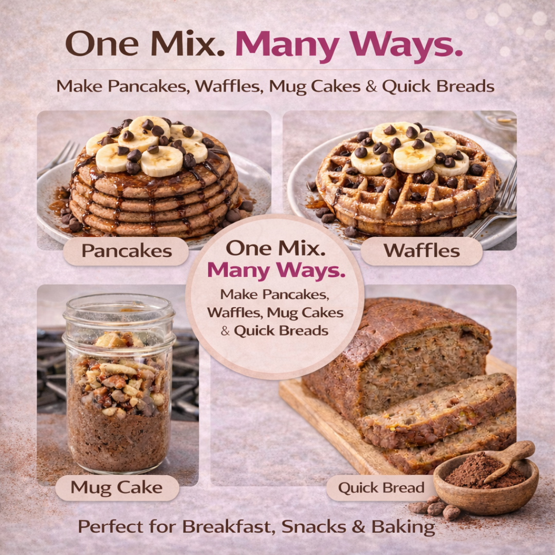 Chocolate protein pancake mix used to make pancakes, waffles, mug cakes, and quick bread