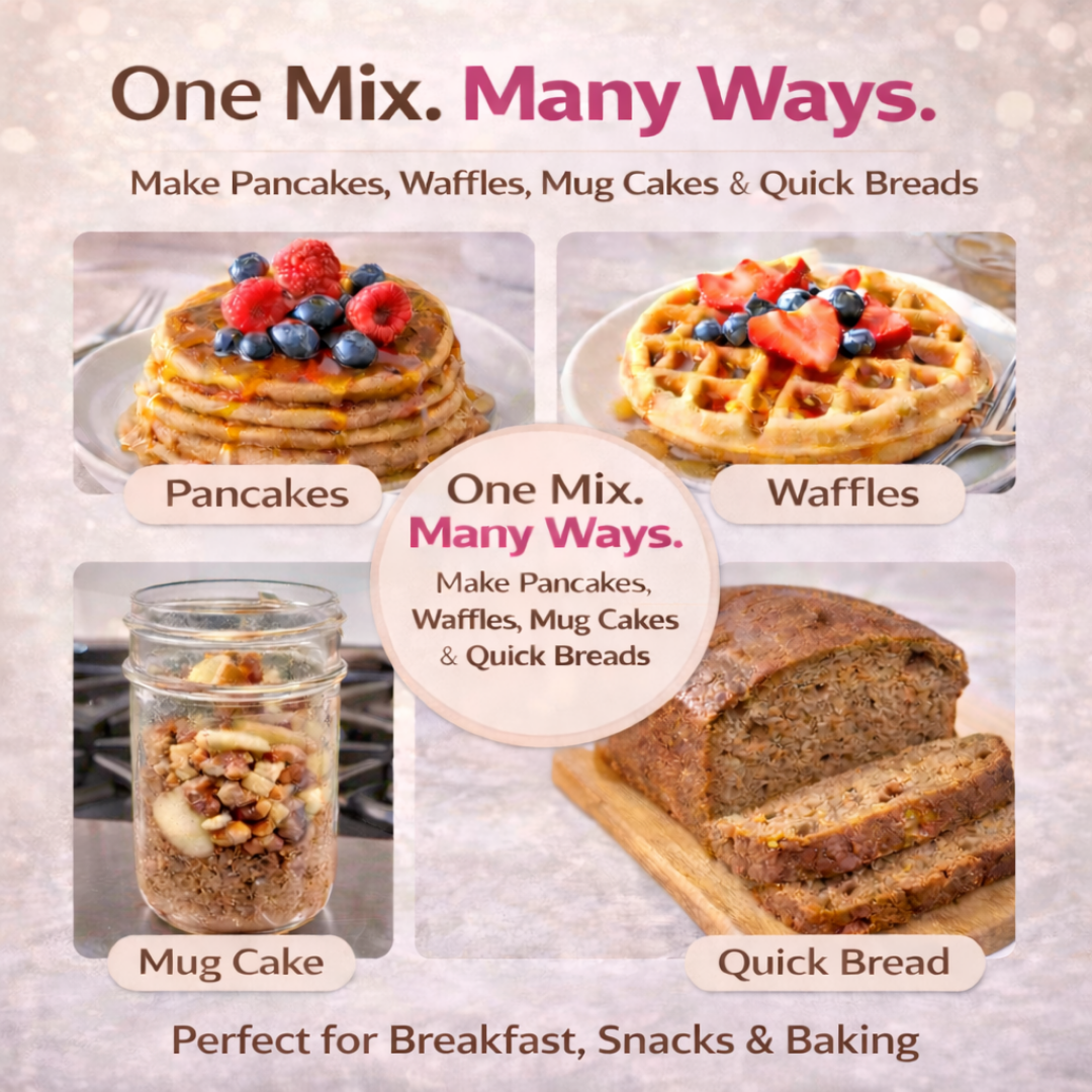 Protein pancake mix used to make pancakes, waffles, mug cakes, and quick bread