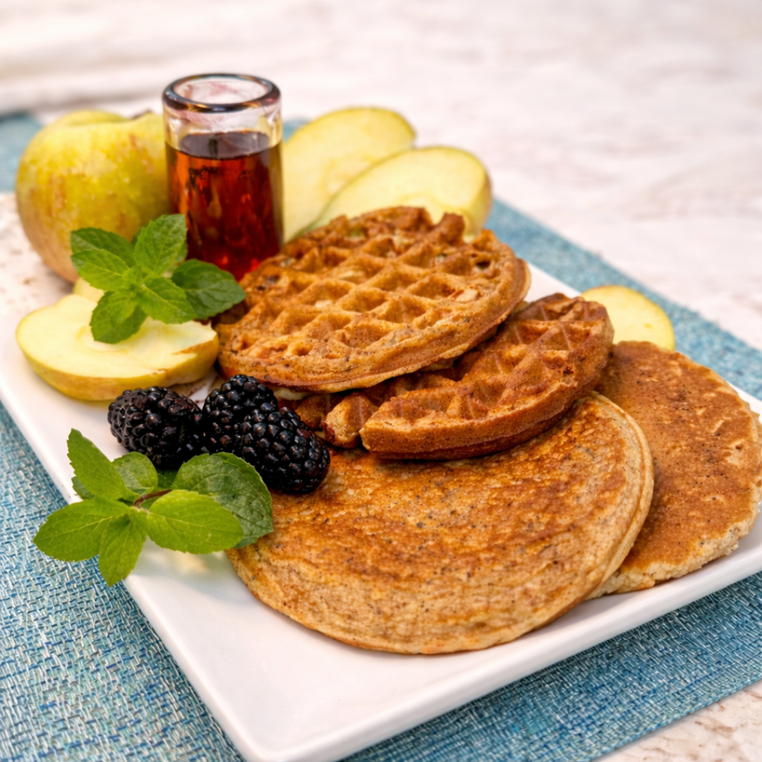 Protein pancakes and waffles made with Dojo Fresh pancake mix