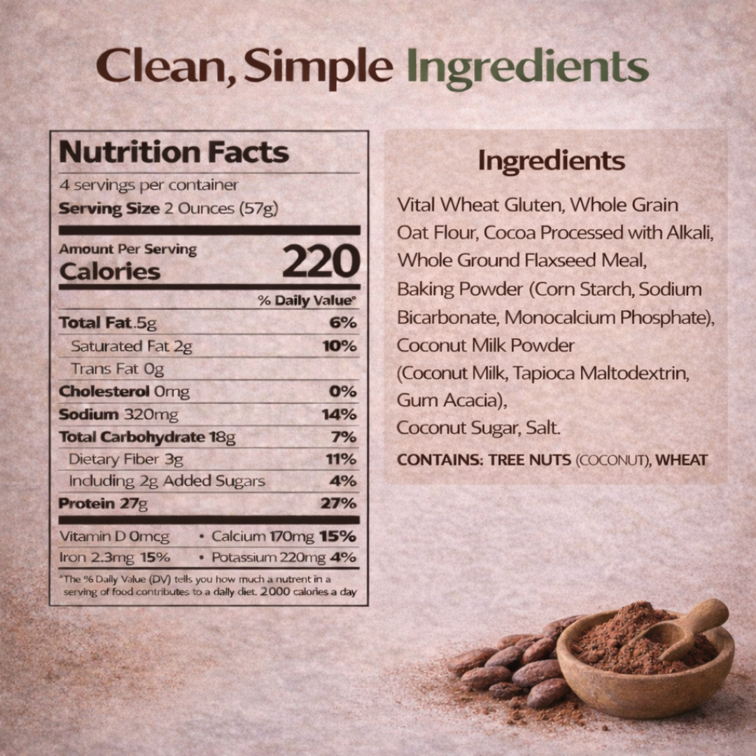 Nutrition facts and ingredient list for Dojo Fresh chocolate protein pancake mix