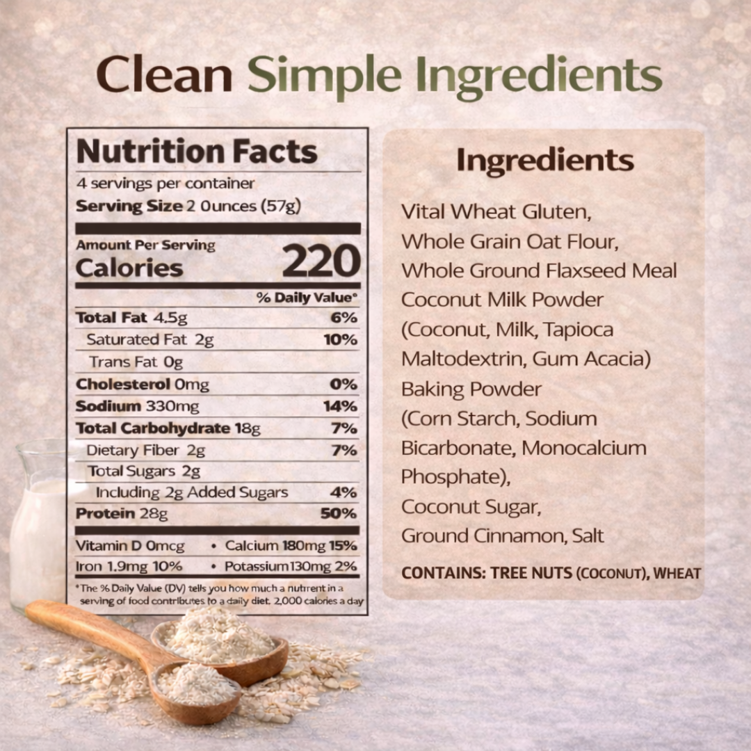 Nutrition facts and simple ingredient list for Dojo Fresh protein pancake mix