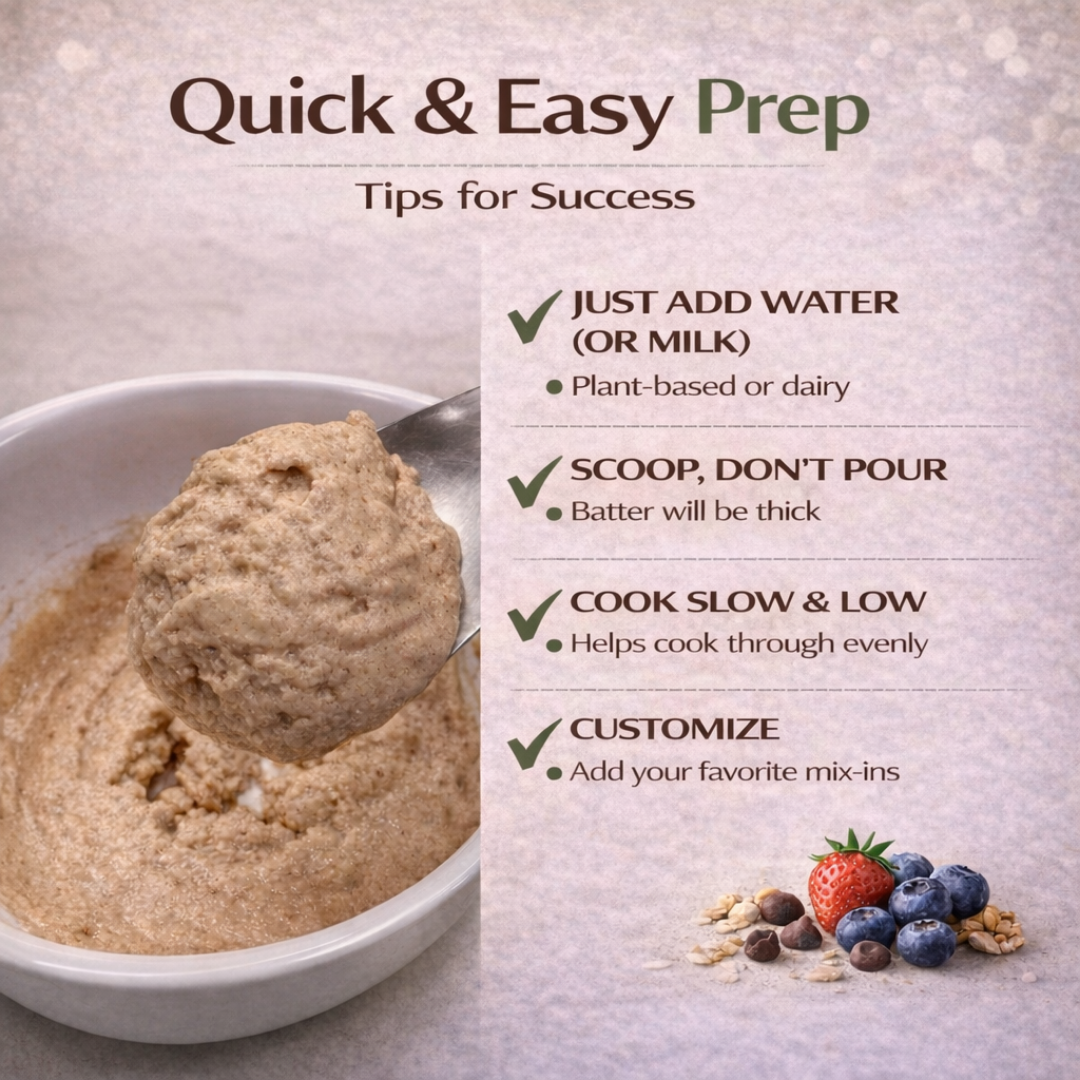 Thick pancake batter showing scoopable texture with quick preparation tips