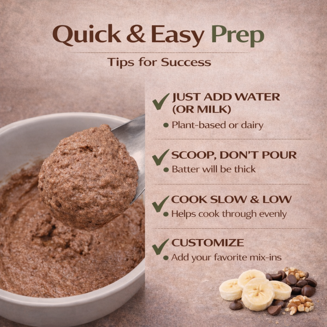 Thick chocolate pancake batter showing scoopable texture with quick preparation tips