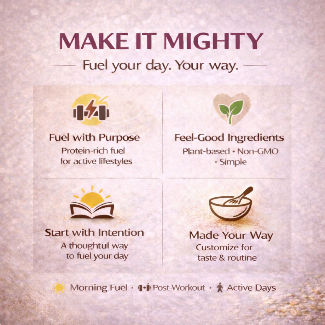 Make It Mighty brand message highlighting protein fuel, simple ingredients and customization