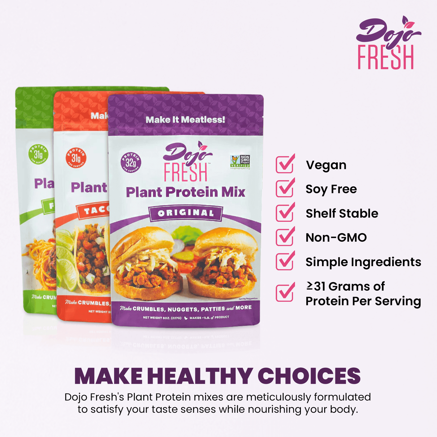 Graphic highlighting the ingredients in Dojo Fresh's plant protein mixes