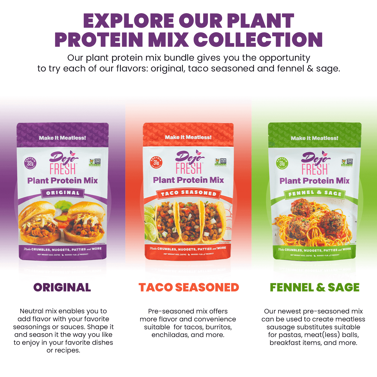 Graphic highlighting the three different plant protein mix flavors