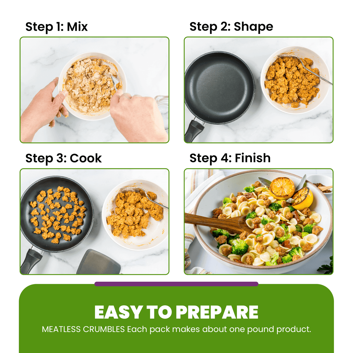 Graphic highlighting how to make meatless sausage pasta with plant protein mix