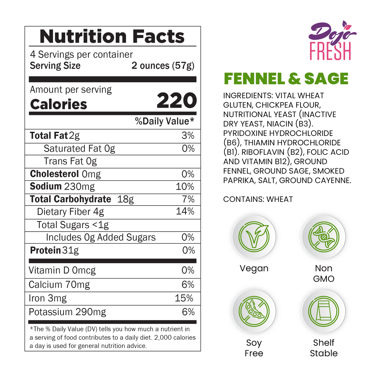 Fennel & Sage Seasoned Plant Protein Mix nutrition facts on the back of the package