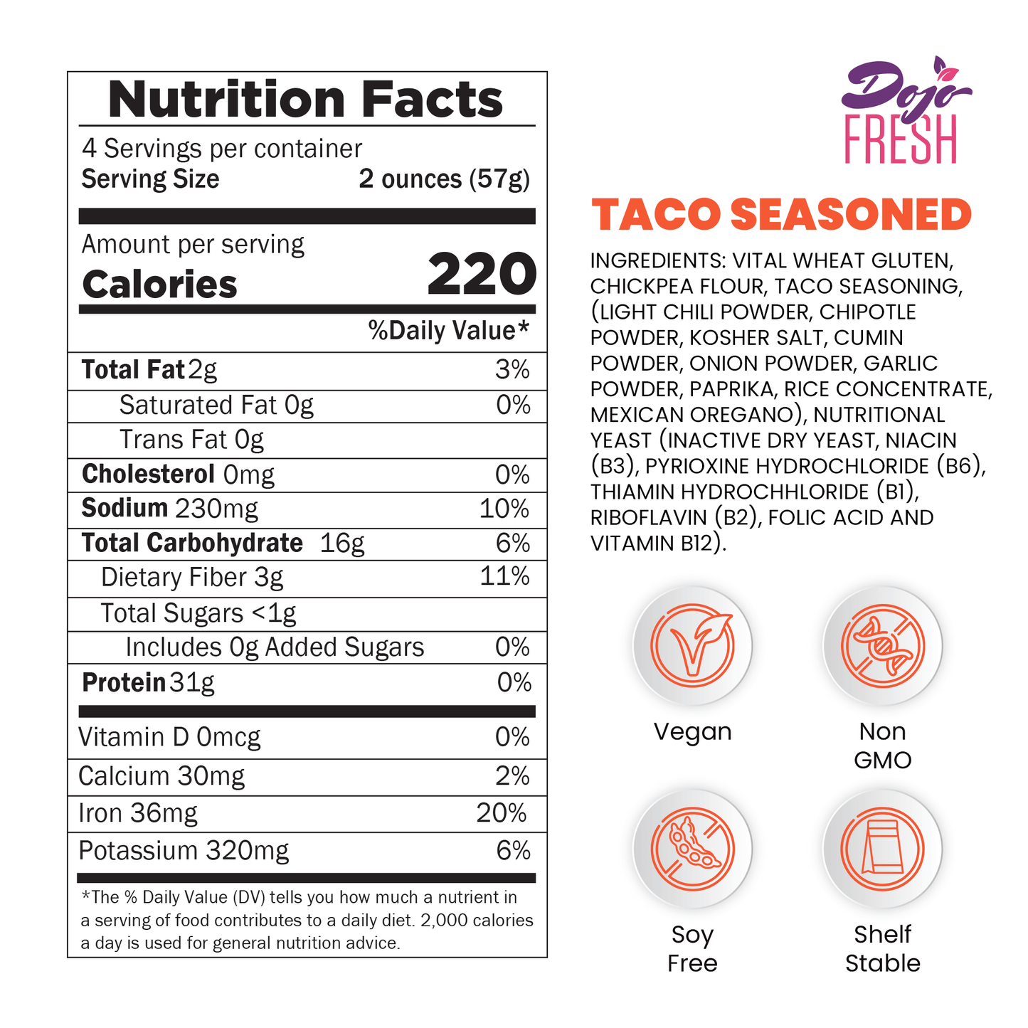 Taco Seasoned plant protein mix nutrition facts on the back of the package